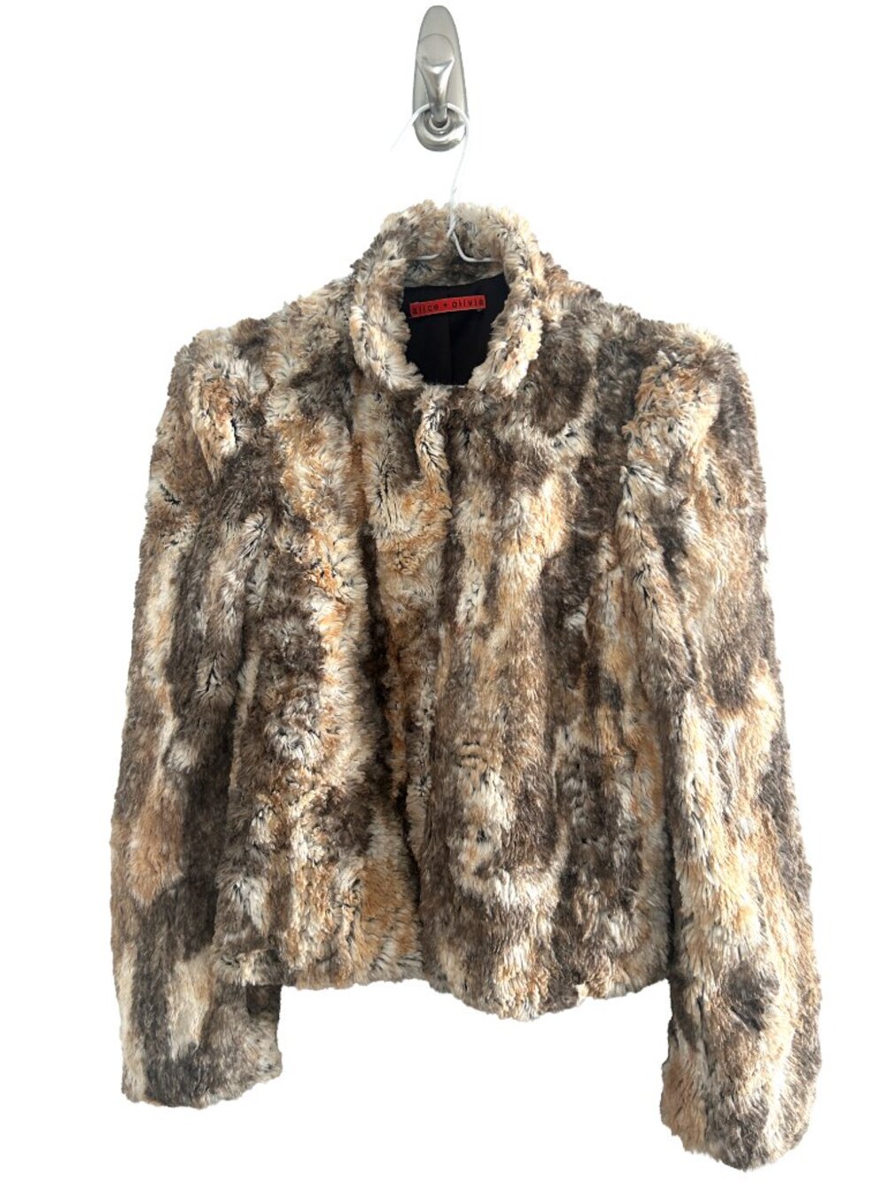 Alice + Oliva Faux Fur Jacket Coat Brown Cream Neutral Open Front